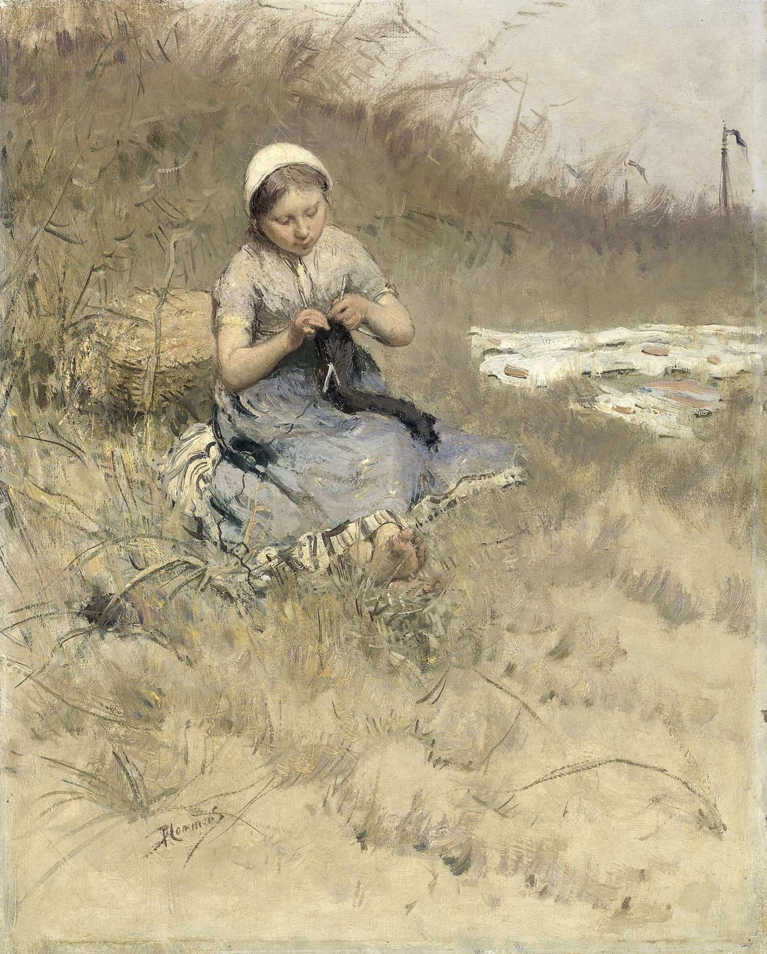 Girl Knitting by Bernardus Johannes Blommers