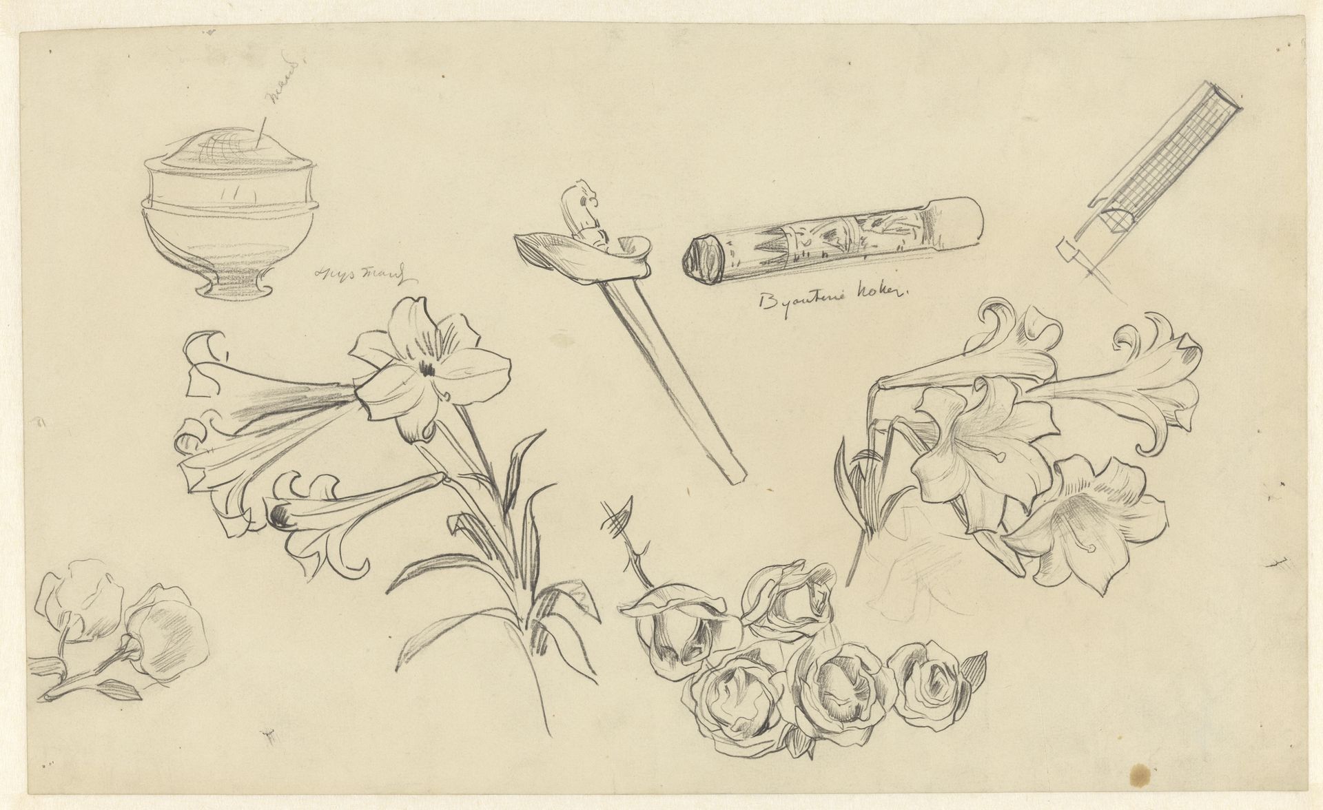 Studieblad met rozen, lelies en voorwerpen zoals een kris en juwelenkoker by Nicolaas van der Waay