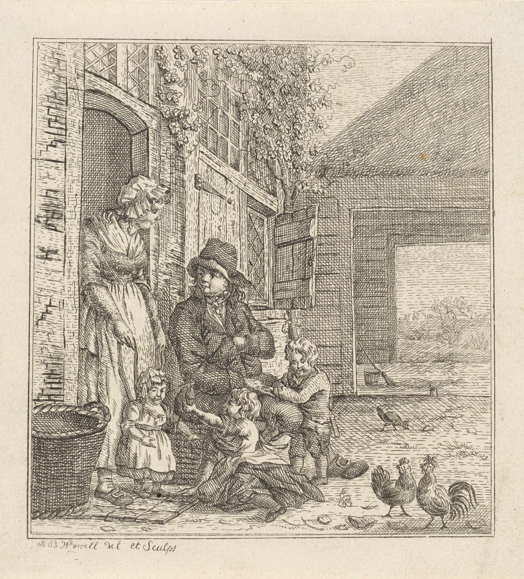 Man en vrouw met kinderen bij een deuropening by Abraham Bruinings Worrel