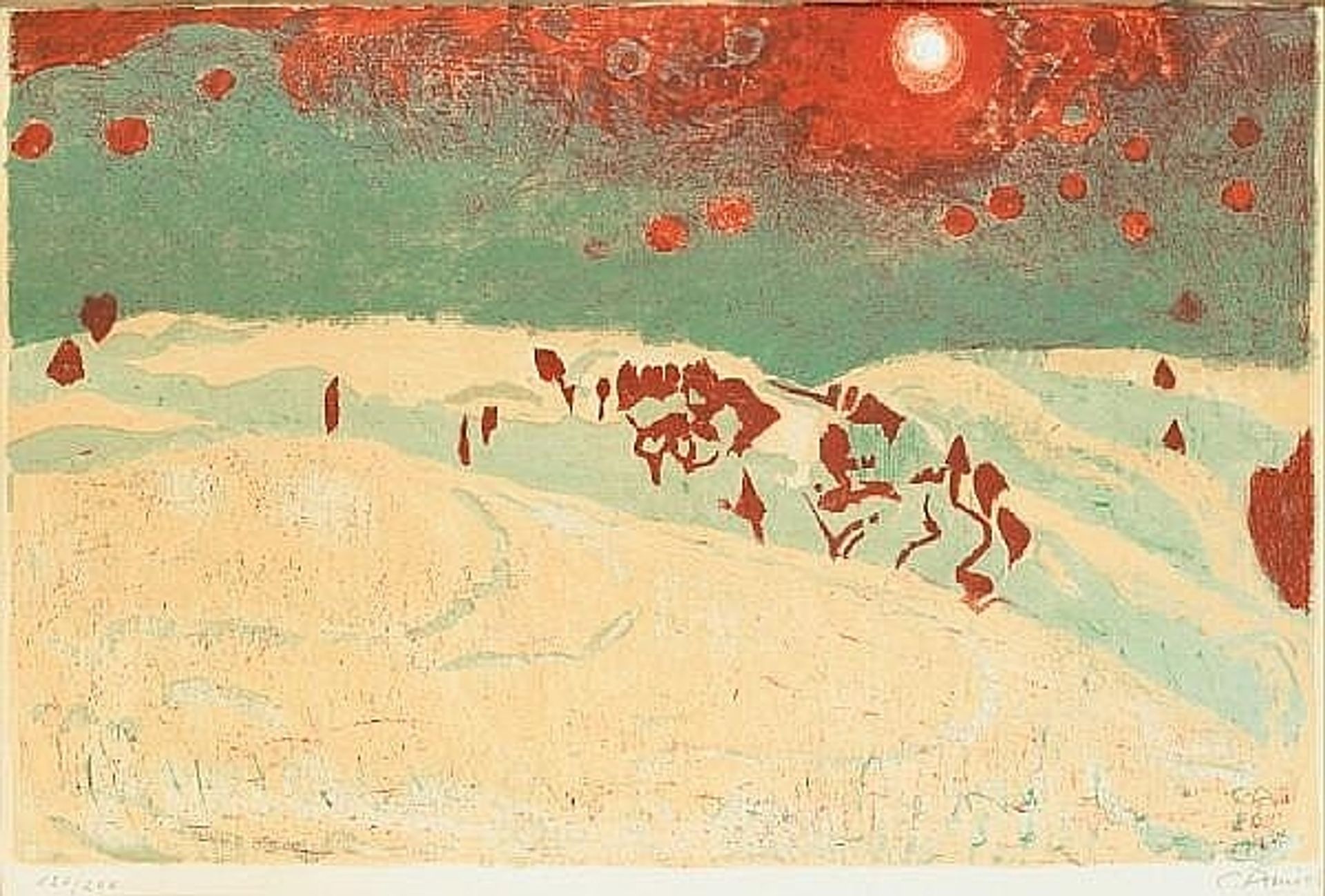Sunset in a snowy landscape by Cuno Amiet