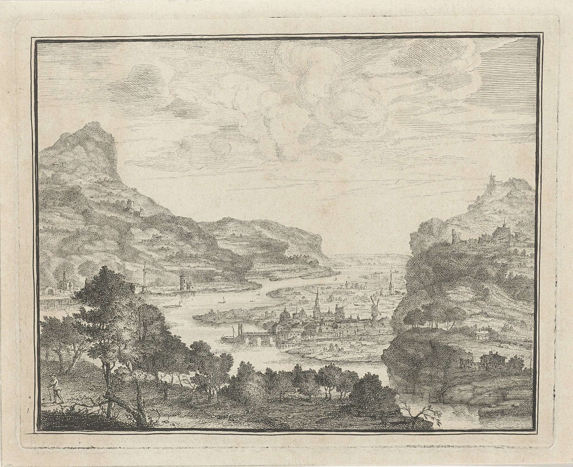 Rivierlandschap met gezicht op een stad by Gerard Melder