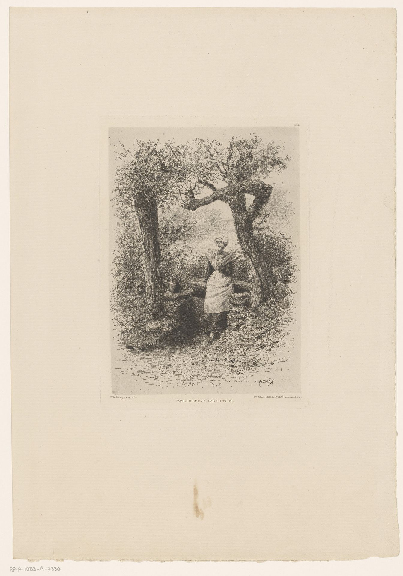 Boerin op de rand van een waterput, kijkend naar een bloem in haar hand by Edmond Adolphe Rudaux