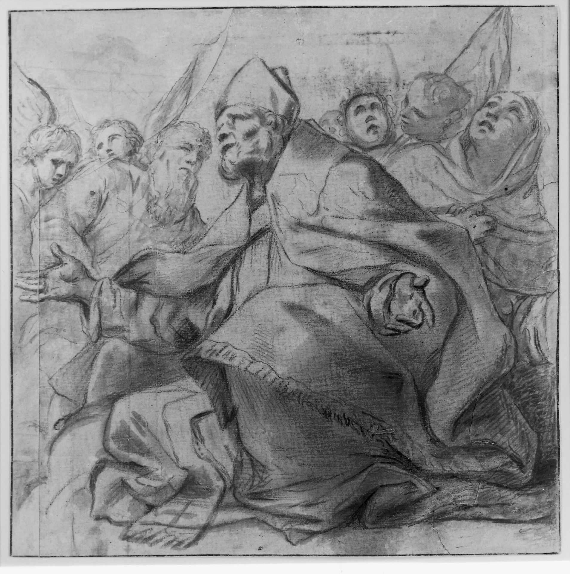 Kneeling bishop with outstretched arms surrounded by holy figures and angels by Anonymous