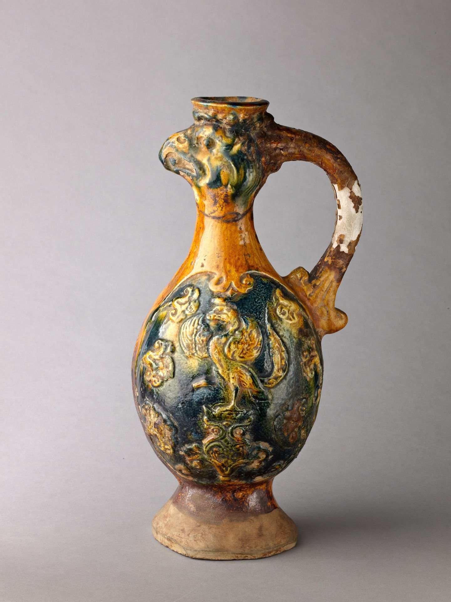 Phoenix-head ewer, Tang sancai ware by Chinese