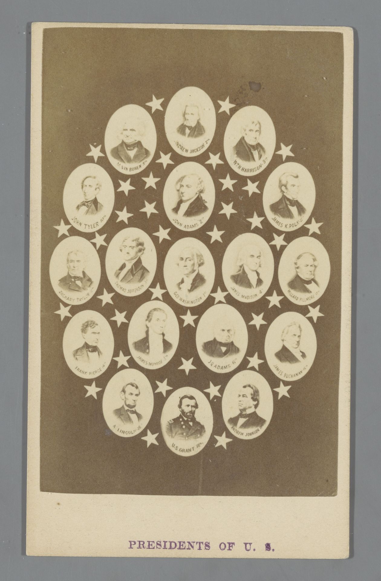 Compositie van portretten van 18 Amerikaanse presidenten, van George Washington tot en met Ulysses S. Grant (1789-1877) by Anonymous