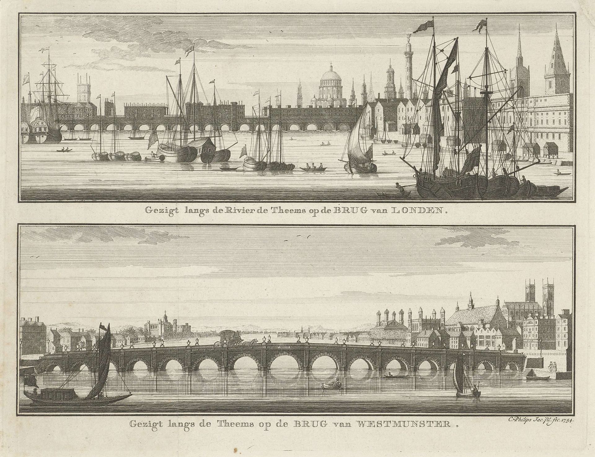 Gezicht op de London Bridge en op de Westminster Bridge by Caspar Jacobsz. Philips