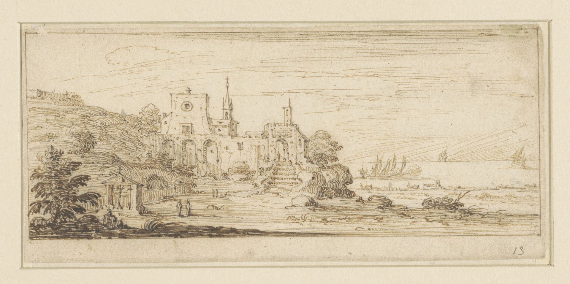 Kustgezicht met een klooster by Israel Silvestre
