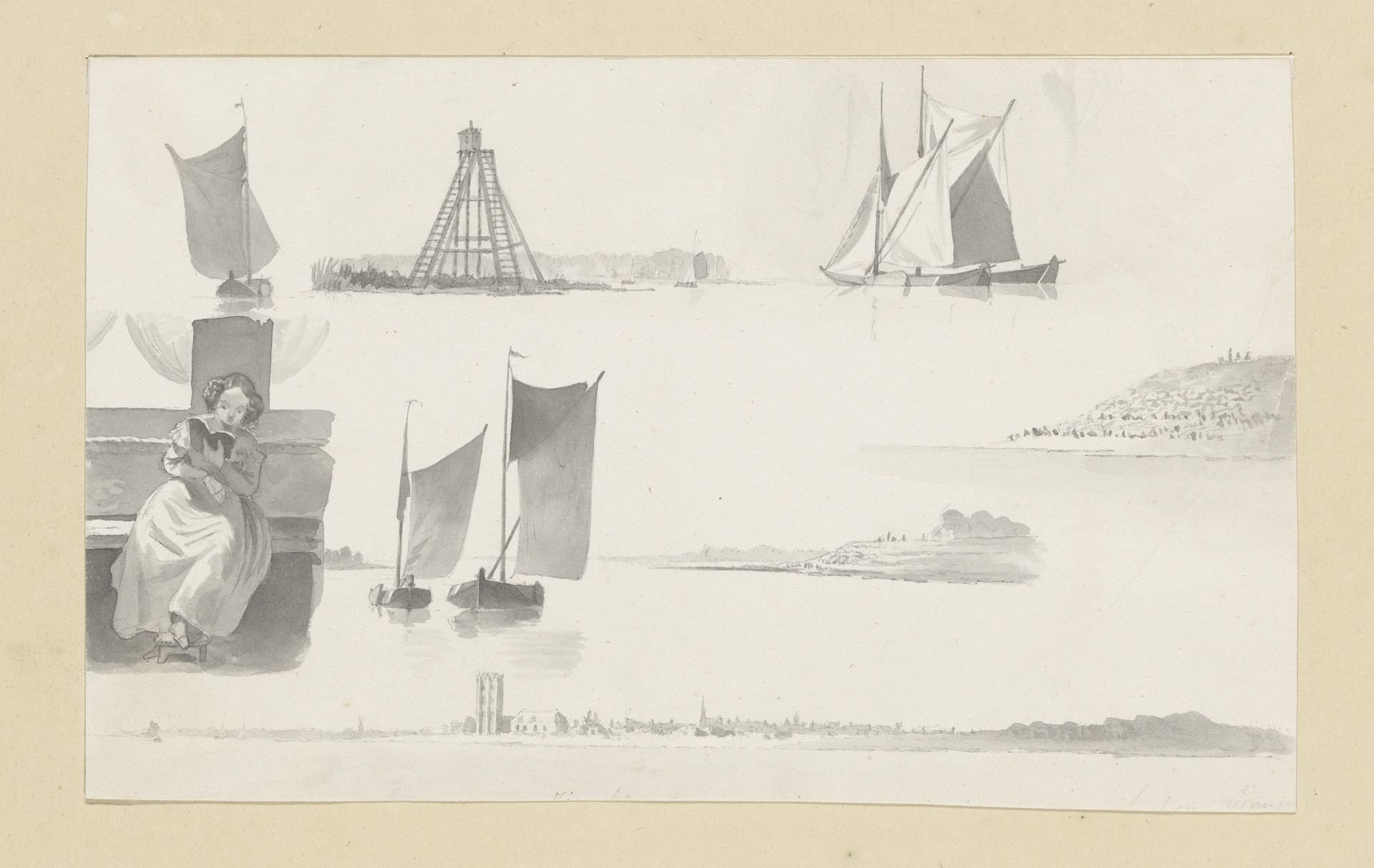 Schetsblad met lezende vrouw, zeilschepen, vuurtoren en gezichten van de wal by Hendrik Abraham Klinkhamer