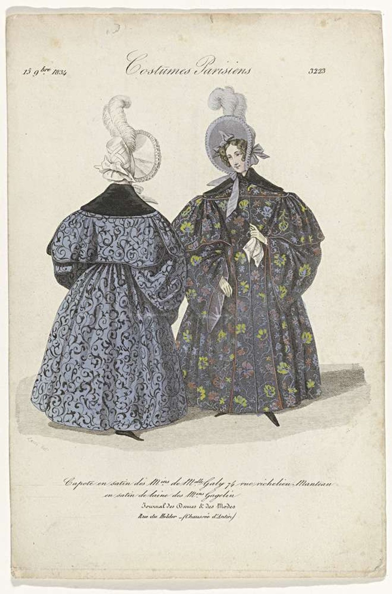 Journal des Dames et des Modes, 15 novembre 1834 , No. 3223 : Capote en satin (...) by August Delvaux