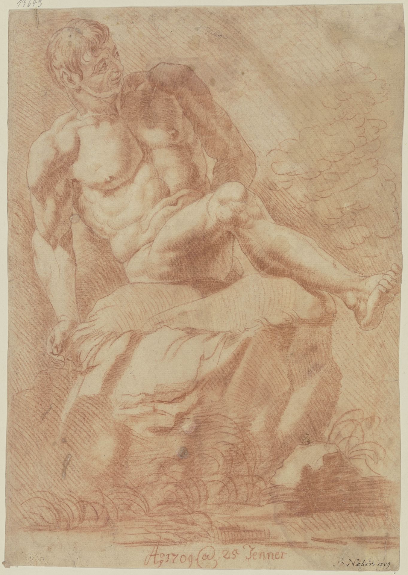Männlicher Akt auf einem Felsen, nach rechts gewandt by Josef Neher