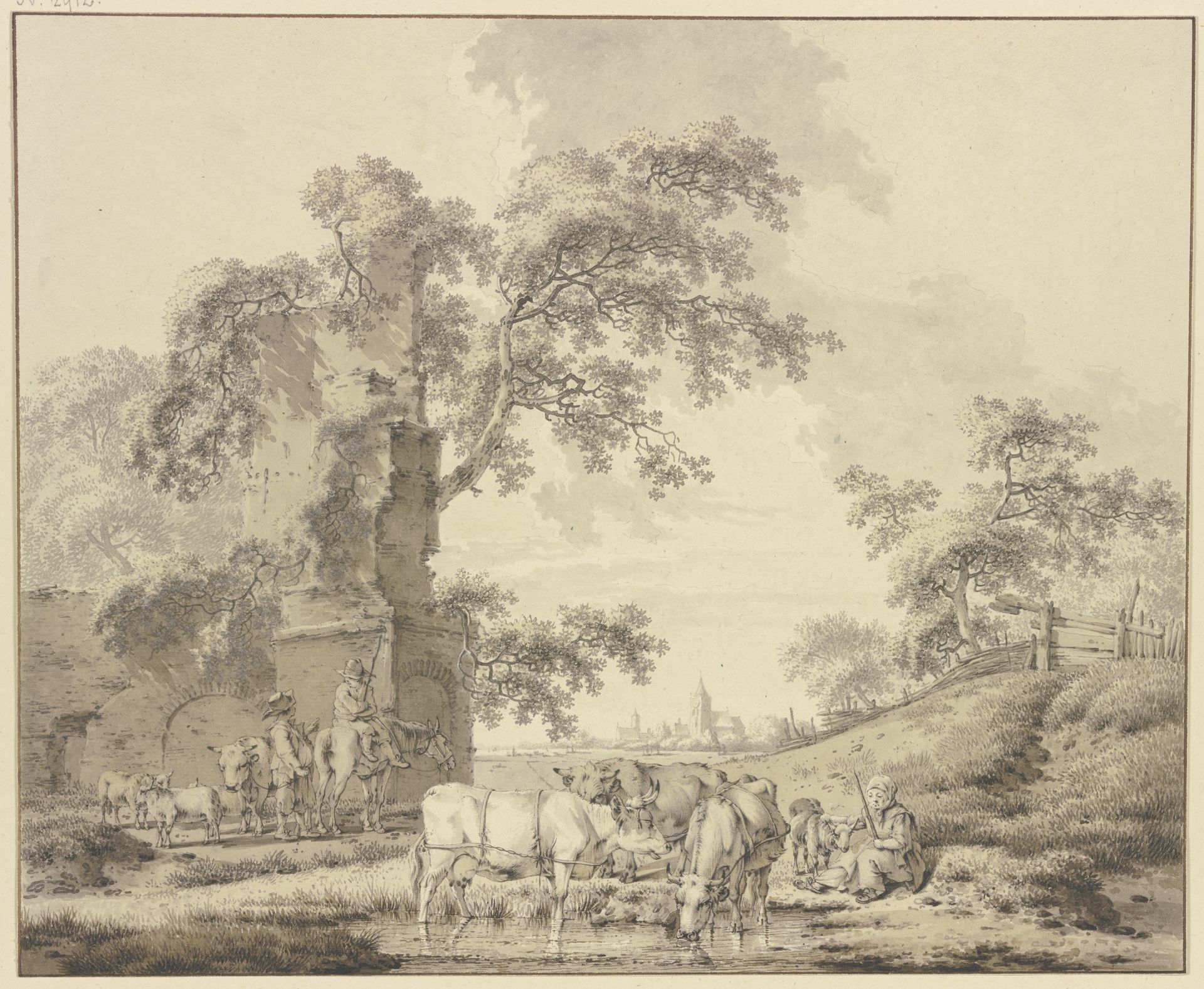 Bei Ruinen ein Hirte zu Pferde in Unterhaltung mit einem zu Fuße, vorne eine Hirtin mit einigem Vieh by Bernhard Heinrich Thier