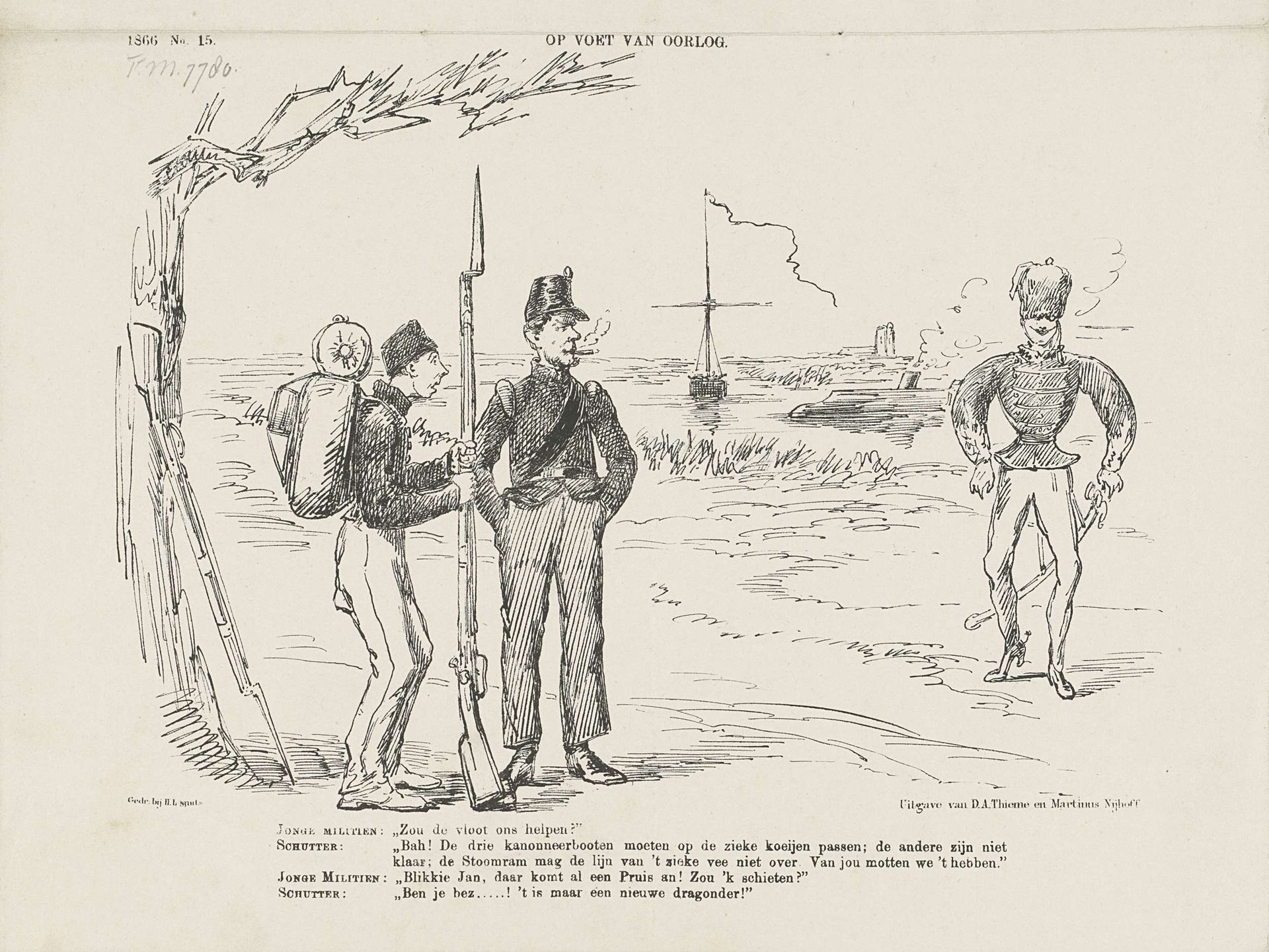 Spotprent op de slechte toestand van de nationale defensie, 1866 by Johan Michaël Schmidt Crans