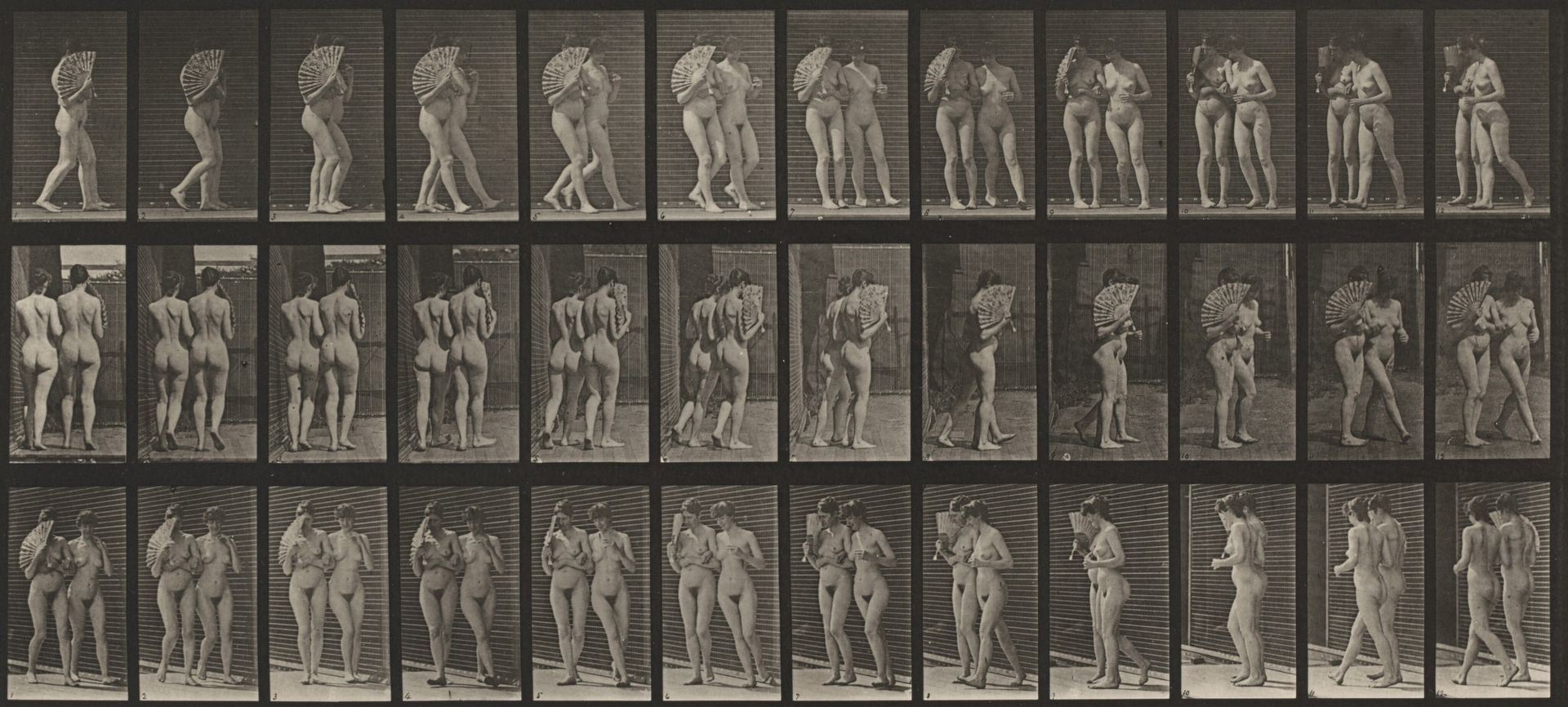 Plate Number 54. Two women walking arm in arm and turning around; one flirting a fan by Eadweard Muybridge