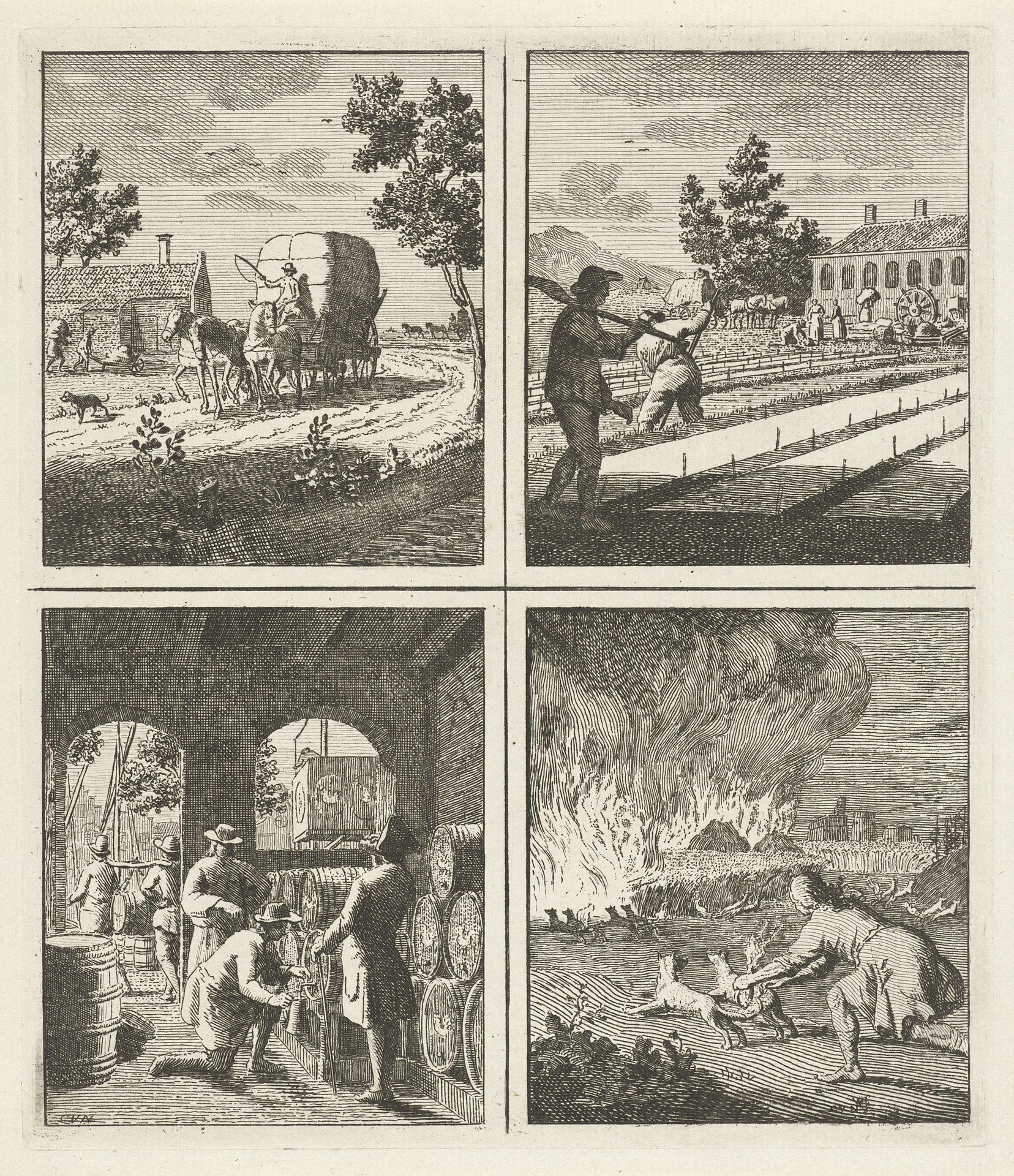 Hooiwagen / Bleken van linnen / Biervaten /  Simson laat de vossen met brandende fakkels los by Cornelis van Noorde