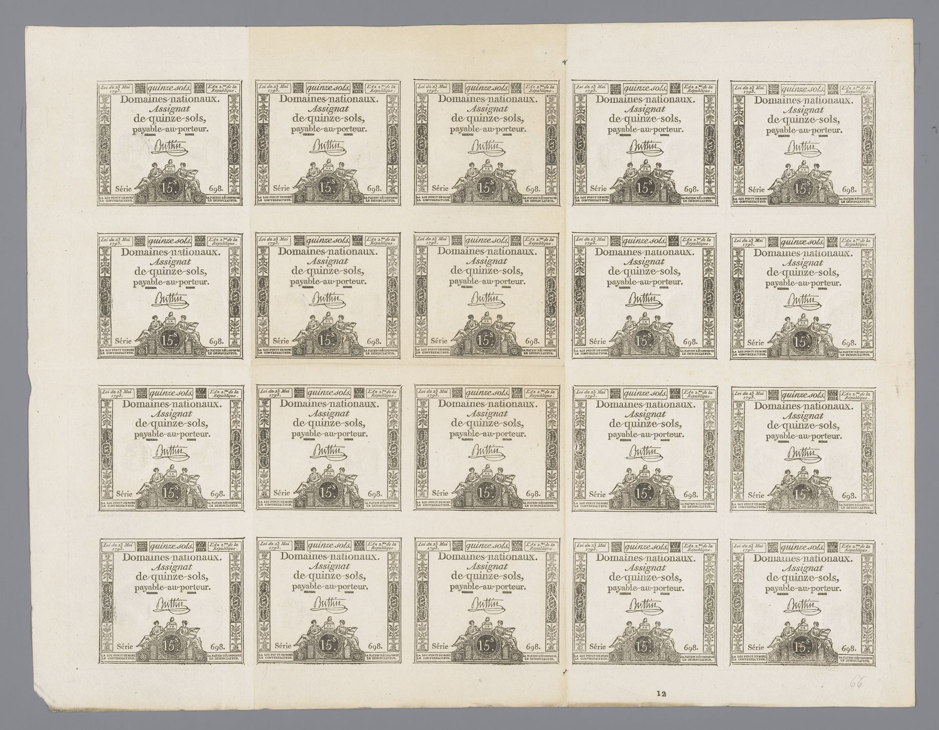 Vel met 20 assignaten van vijftien sols, serie 698 uitgegeven 23 mei 1793 by Nicolas Marie Gatteaux