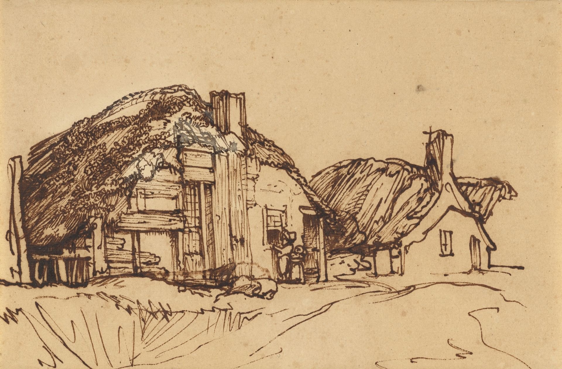 Two Thatched Cottages with Figures at a Window by Rembrandt van Rijn