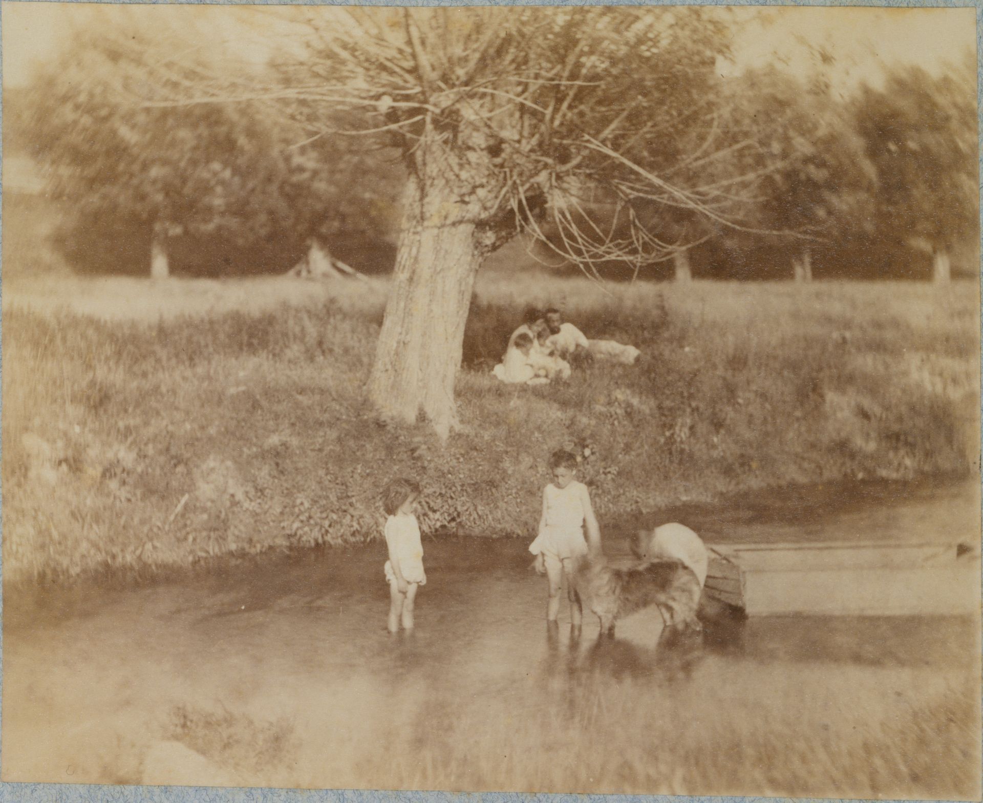 [Three Children and a Dog Playing in the Creek, July 4, 1883] by Thomas Eakins