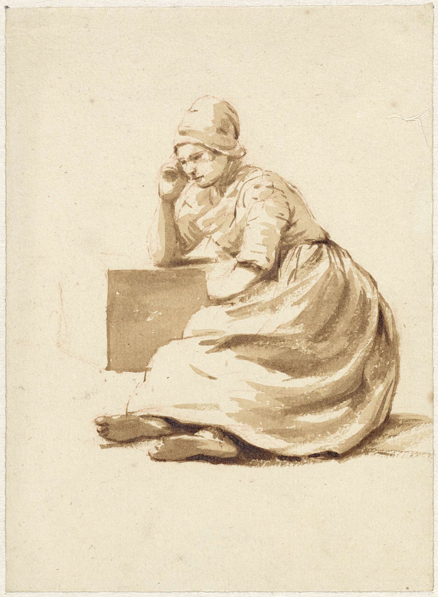 Zittende vrouw, steunend op een blok steen by Pieter Ernst Hendrik Praetorius