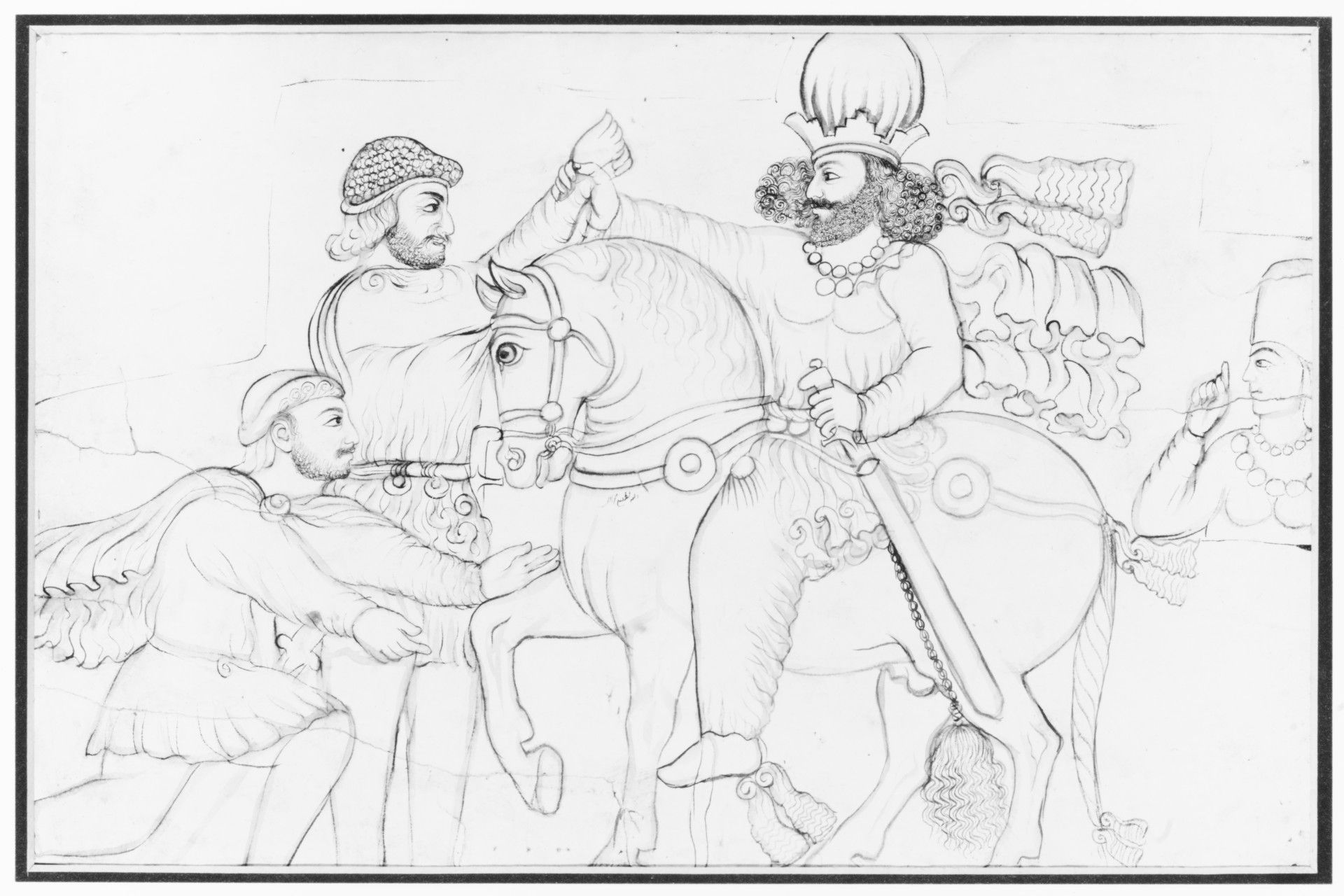 Drawing of Sasanian rock relief: Shapur I (r. A.D. 241-272) and Roman emperor Valerian at Naqsh-i Rustam, southern Iran by Lutf-'Ali Shirazi