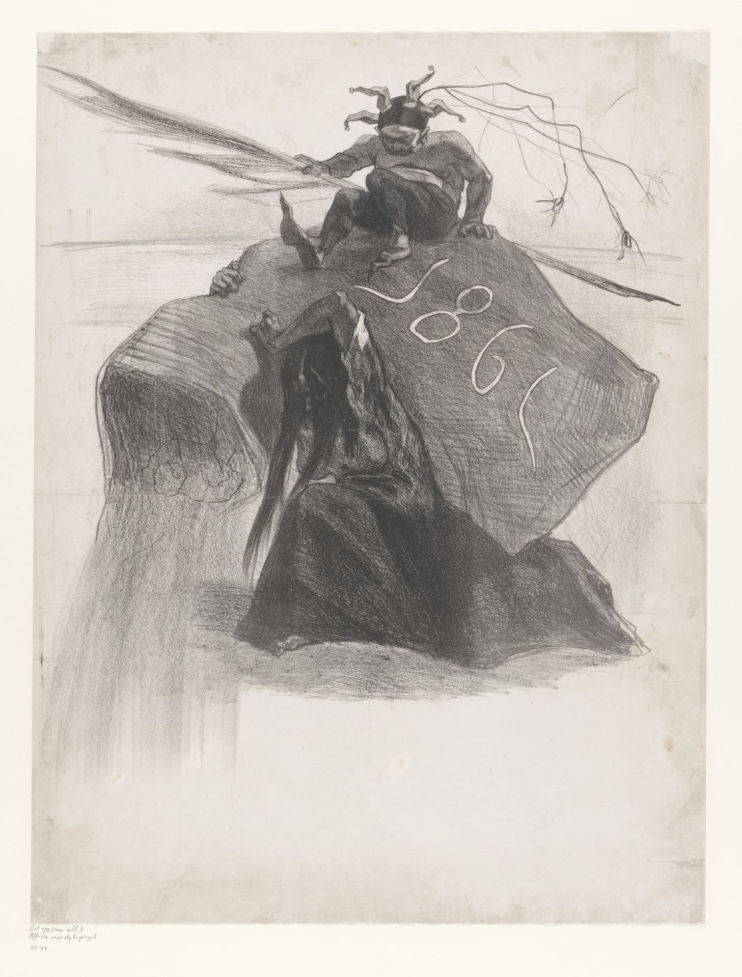 Geknielde vrouw draagt een zak op haar rug met bovenop een narrenfiguur met schrijfveer by Felicien Rops