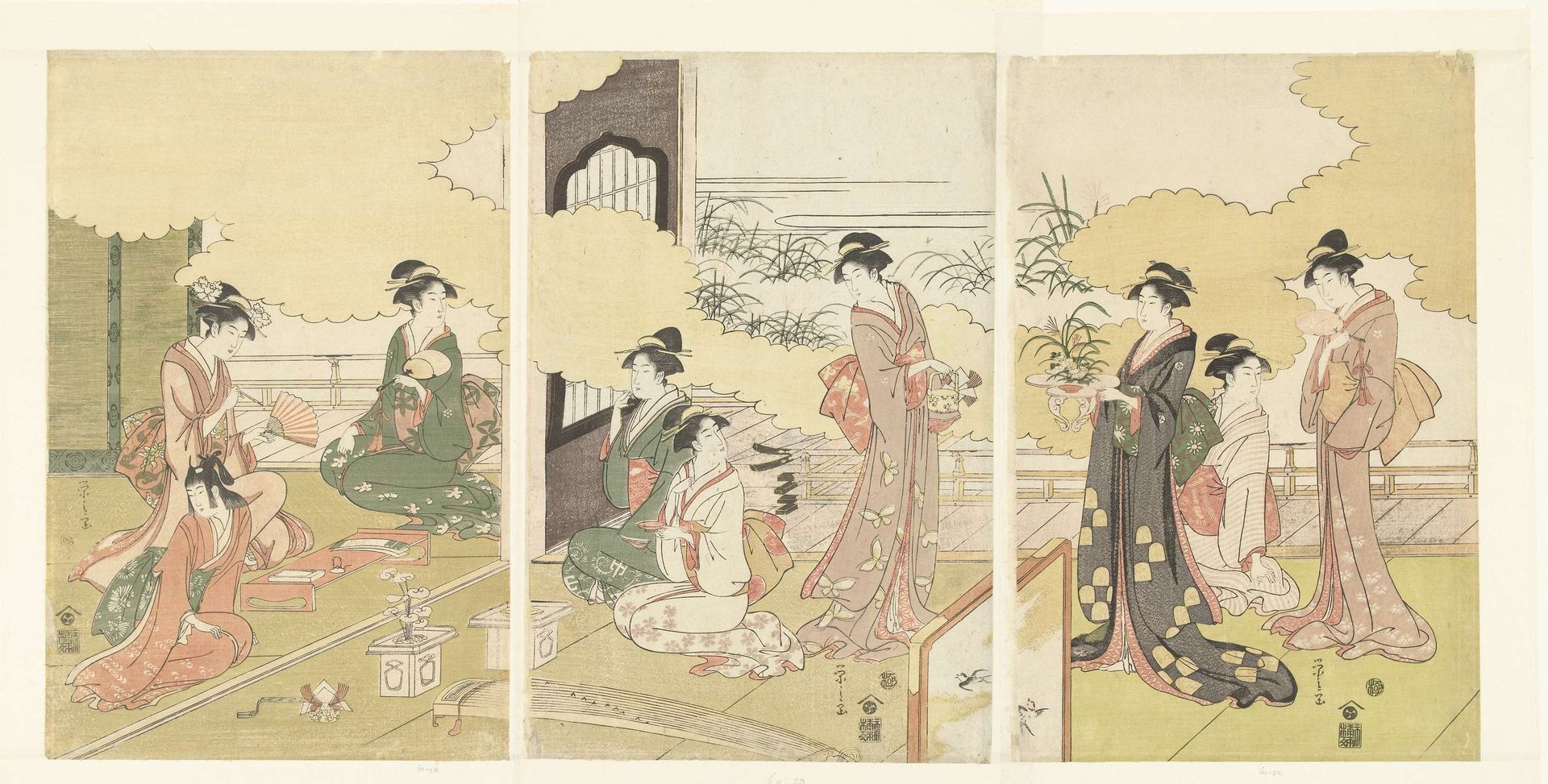 Vrouwen in een openlucht kamer by Hosoda Eishi