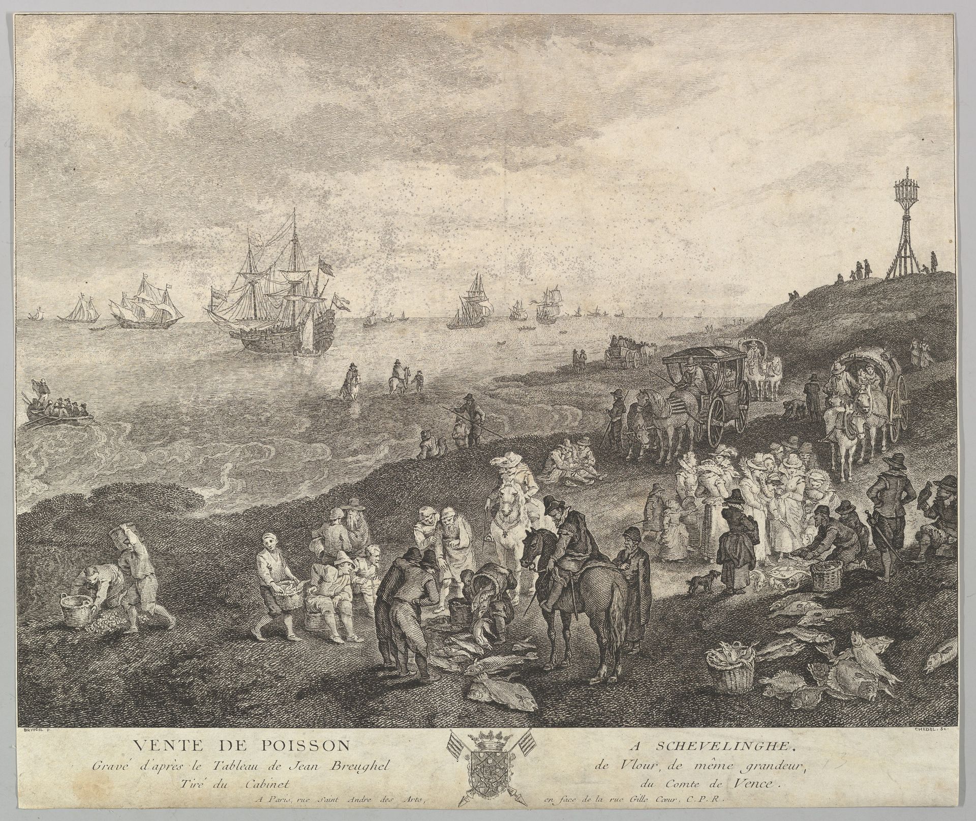 Selling Fish at Scheveningen (Vente de Poisson a Schevelinghe [sic]) after the painting in the collection of the  Comte de Vence by Quentin Pierre Chedel