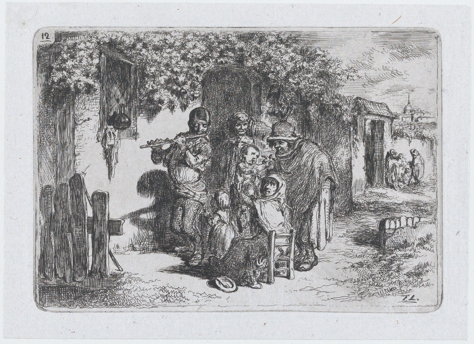 Plate 12: a group of people outdoors including a boy playing a flute, from the series of customs and pastimes of the Spanish people by Francisco Lameyer y Berenguer