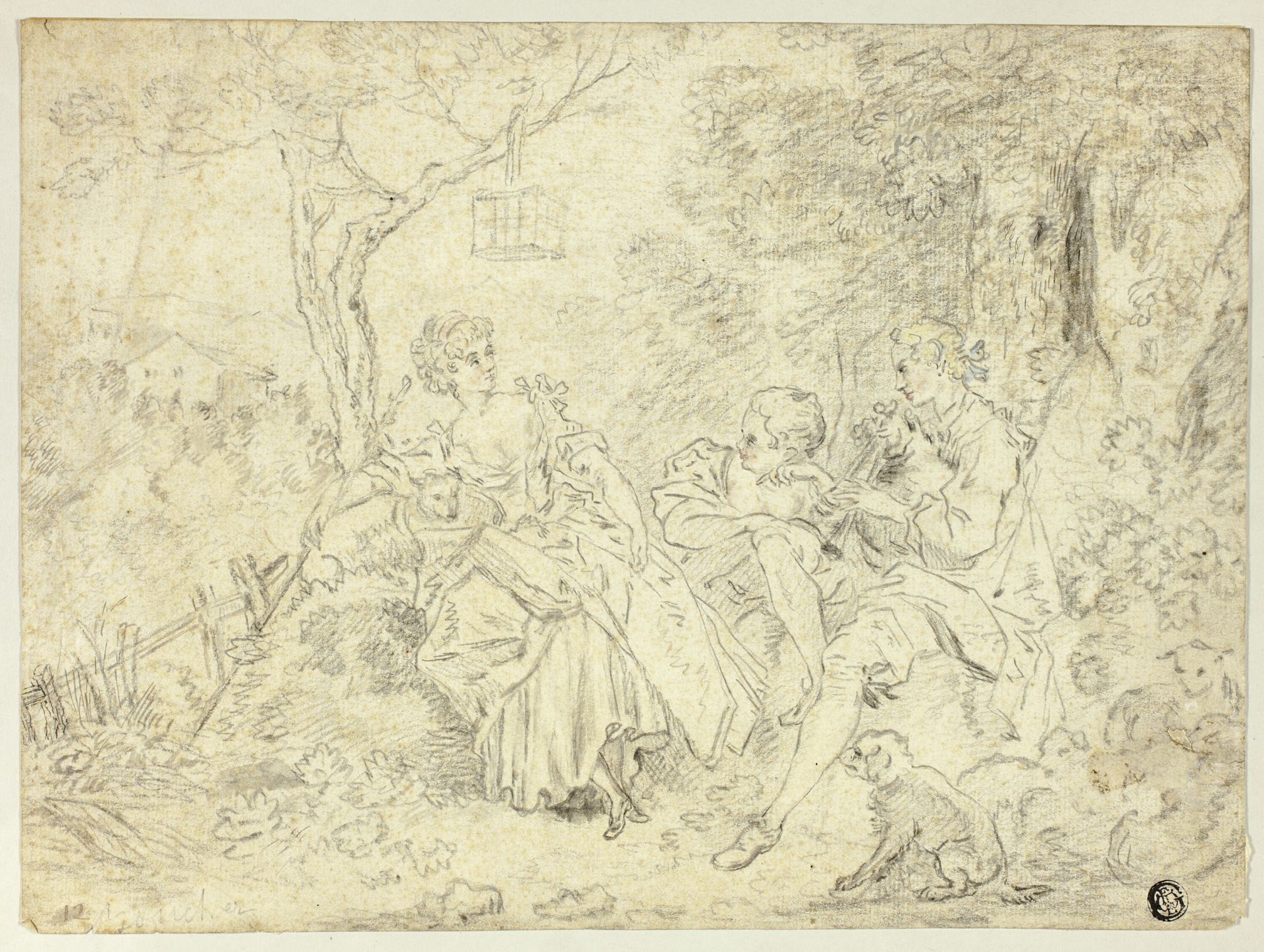 Shepherdesses and Young Man Playing Bagpipe by Francois Boucher