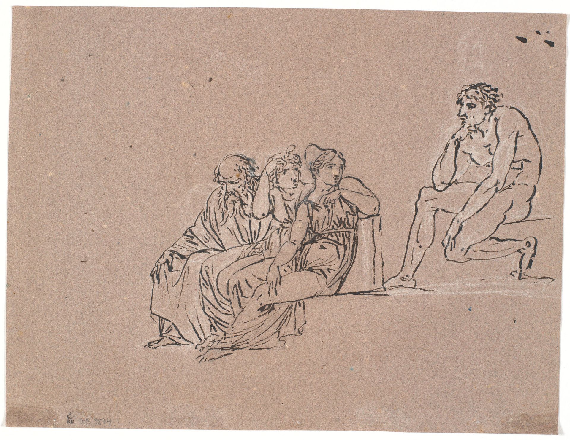 En gruppe bestående af en olding og to siddende kvinder, der vender sig om mod en højere oppe siddende mand by Nicolai Abildgaard