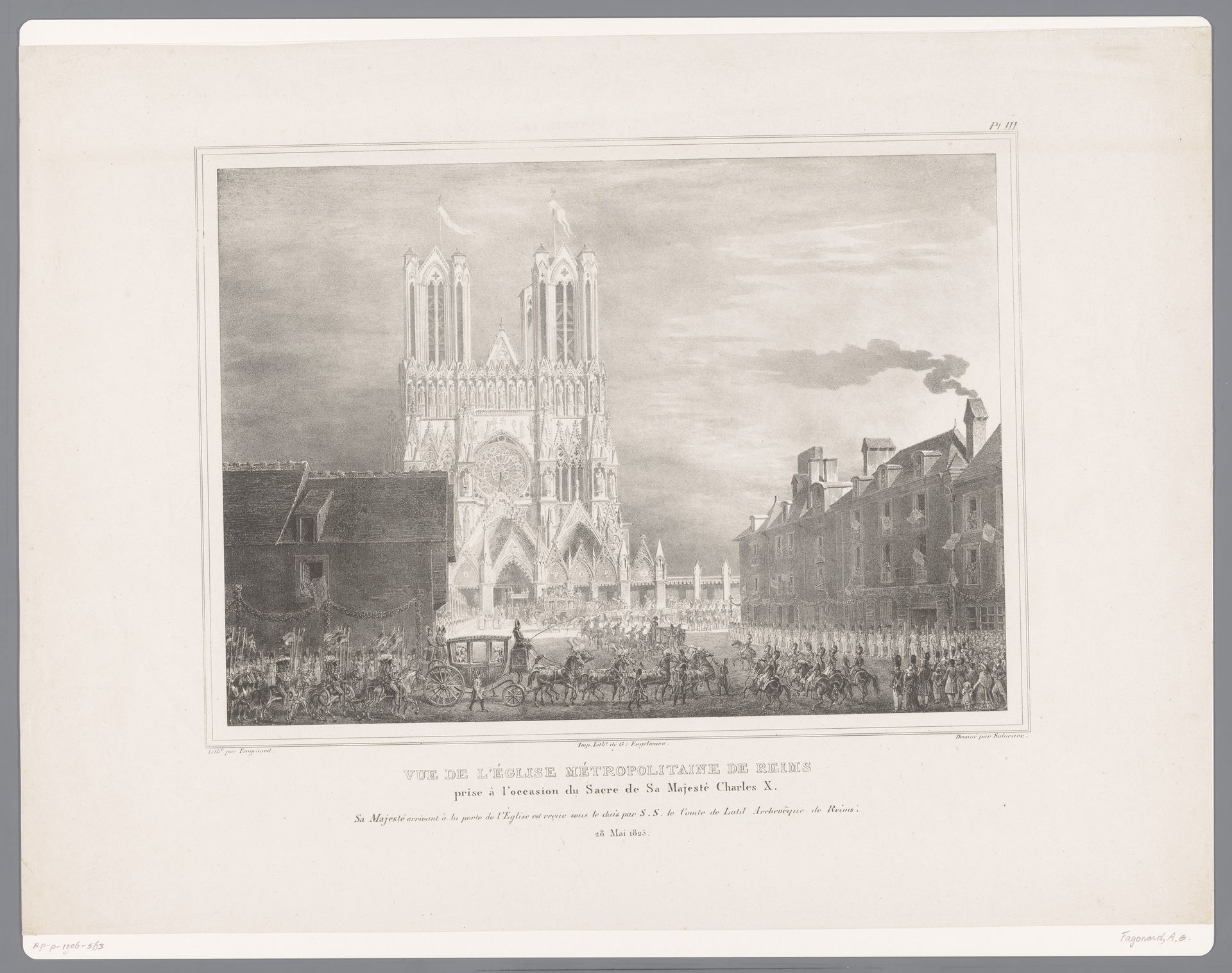 Zicht op de kathedraal van Reims op de kroningsdag van Karel X van Frankrijk by Alexandre Evariste Fragonard