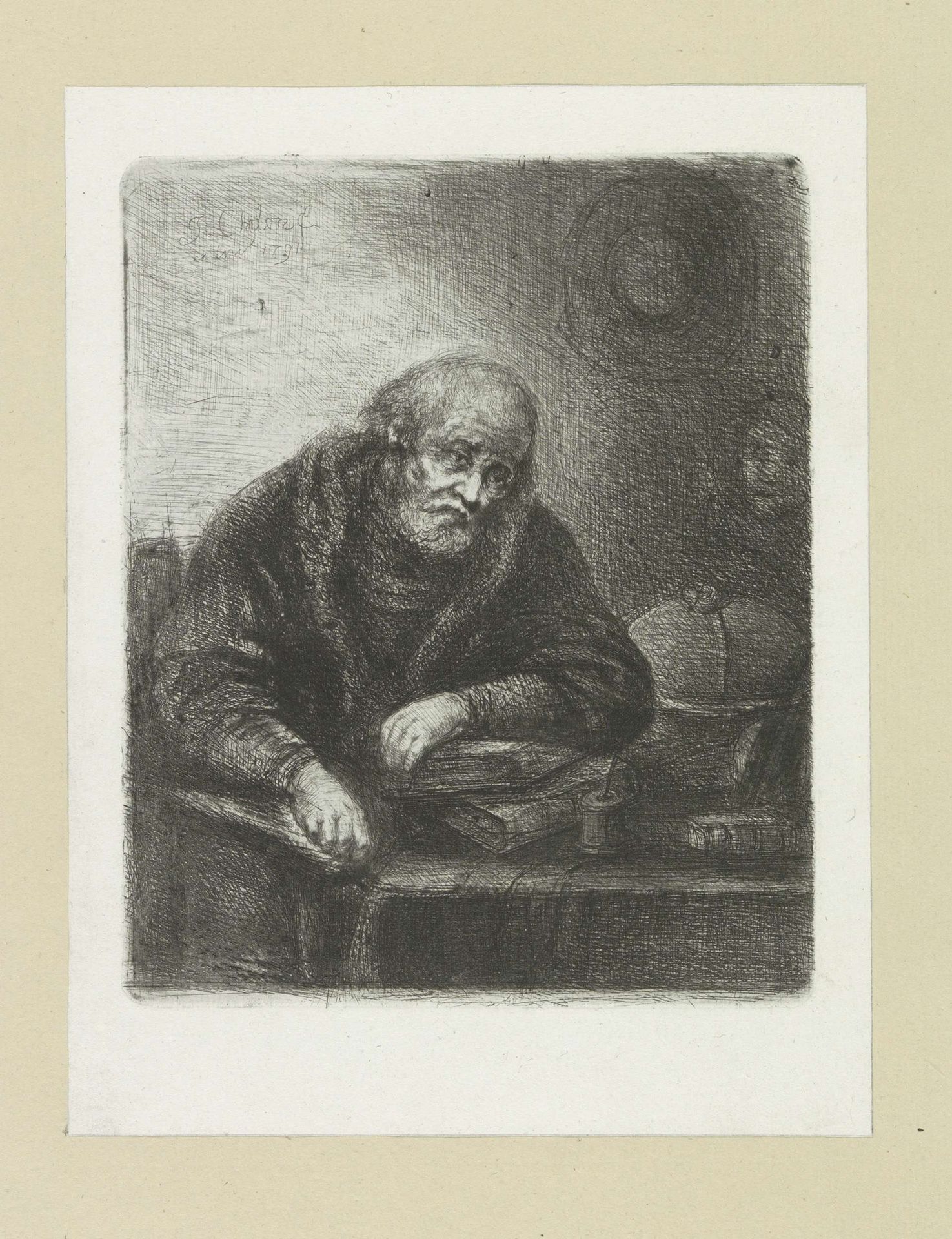 Oude man aan zijn bureau by Jan Chalon