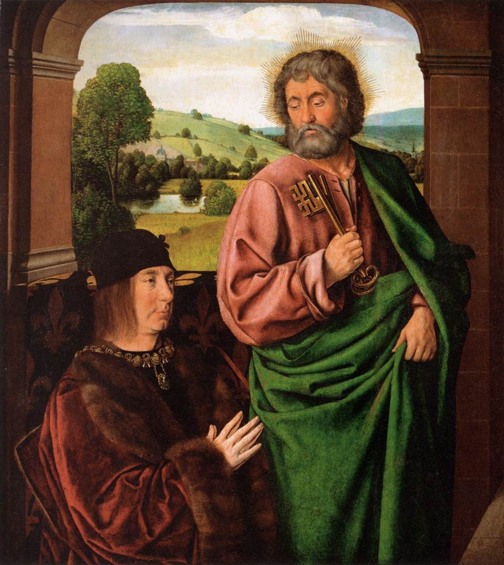 Peter II Duke of Bourbon presented by St. Peter, left hand wing of a triptych by Jean Hey