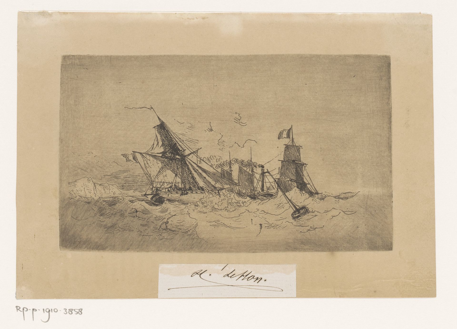 Stoomschip en zeilschepen op onrustige zee by Henri Le Hon