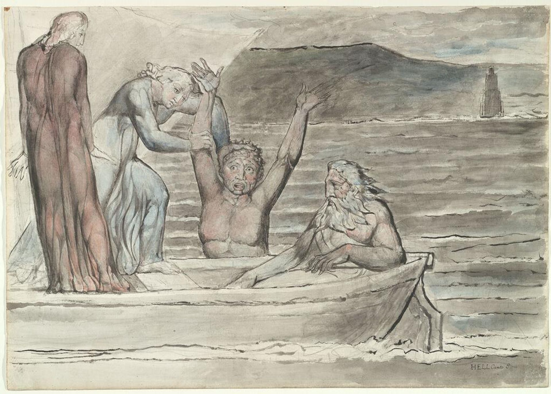 Dante and Virgil in the Skiff of Phlegyas are Hailed by Filippo Argenti (from Dante's "Divine Comedy"); verso: sketch for "The Six-Footed Serpent Attacking Agnolo Brunelleschi"(?) by William Blake