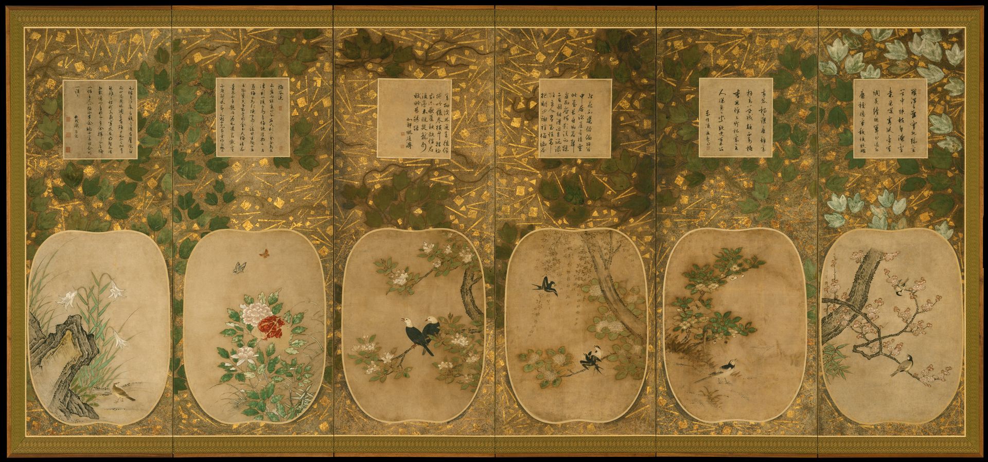 Birds and Flowers of the Twelve Months with Chinese Calligraphy by Kano School