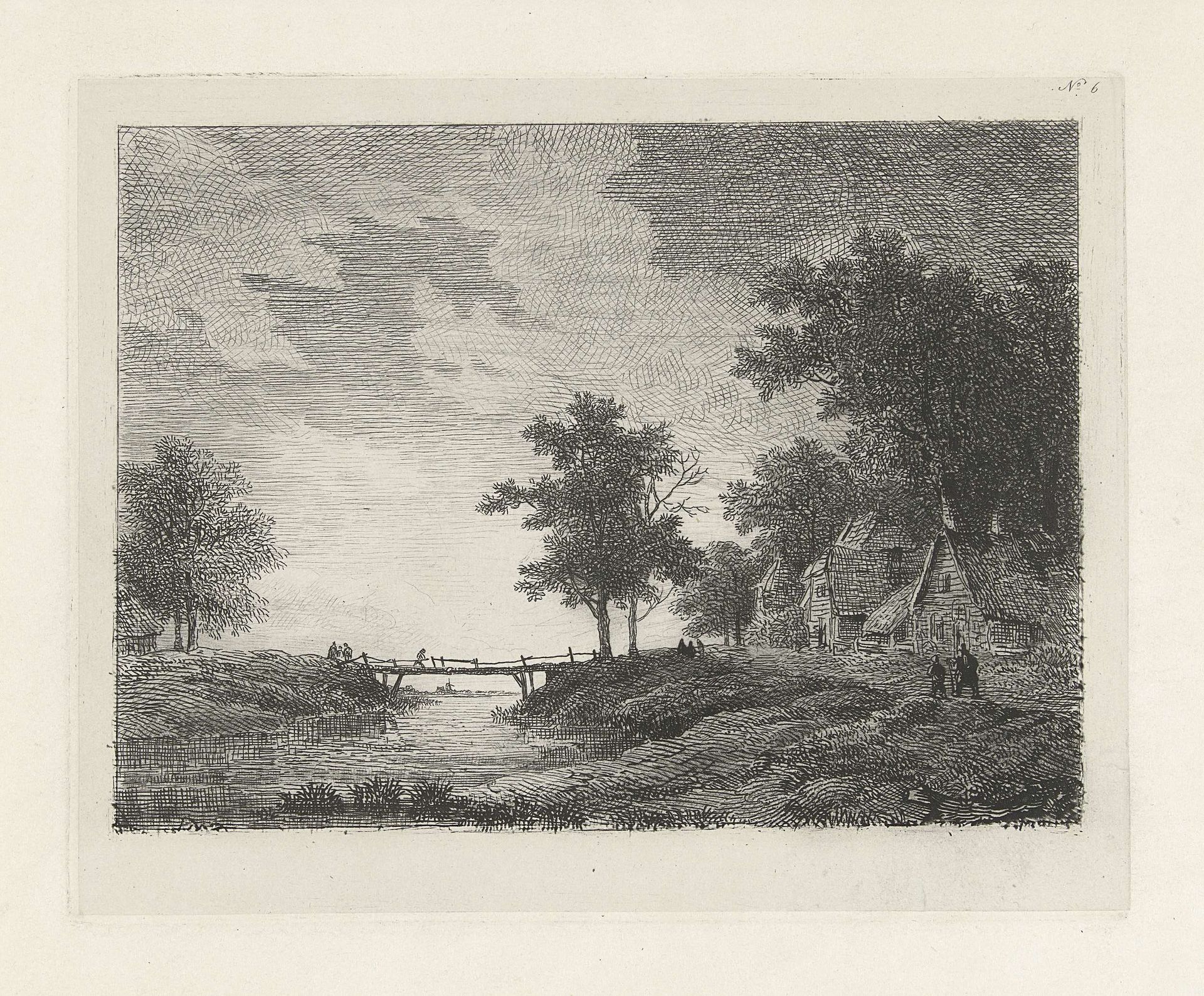 Landschap met figuren bij een brug by Remigius Adrianus Haanen