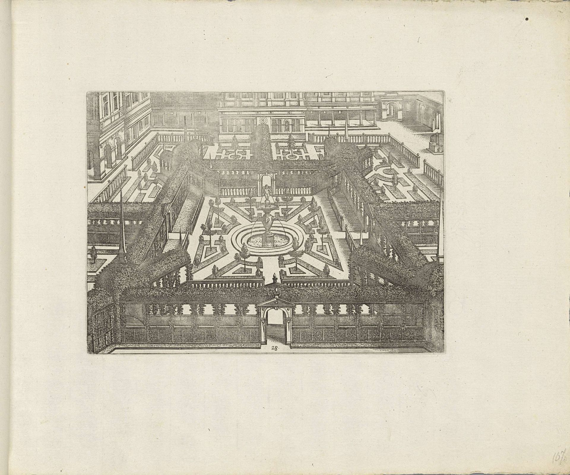 Tuin met centrale parterre met in het midden een fontein by Anonymous