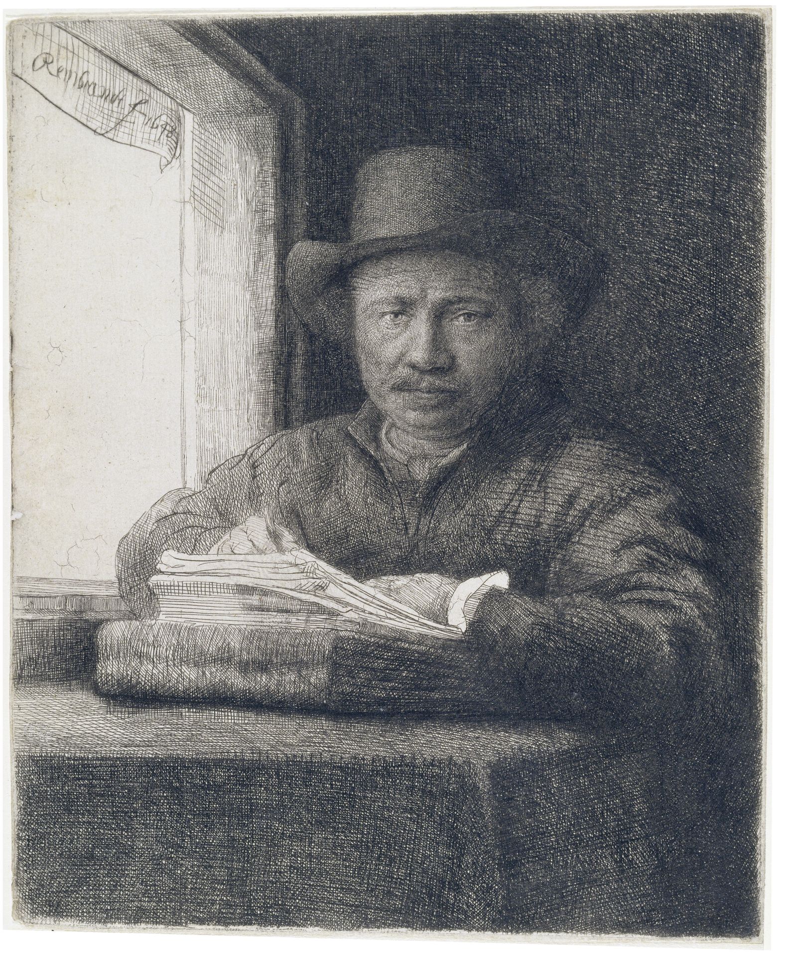 Self-Portrait etching at a window by Rembrandt van Rijn