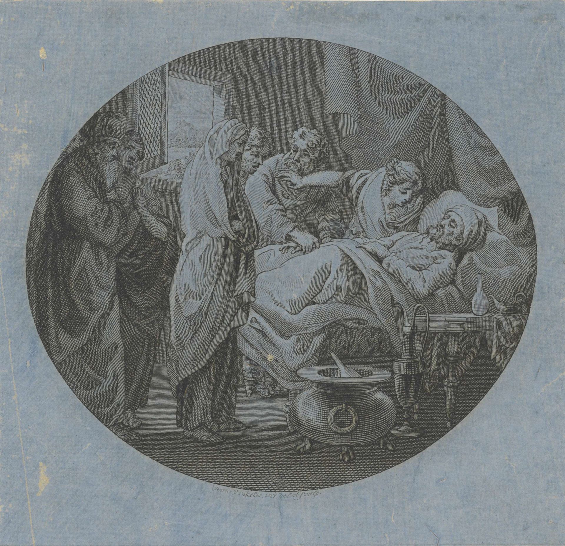 Zieke man op bed omringd door bezoekers by Reinier Vinkeles