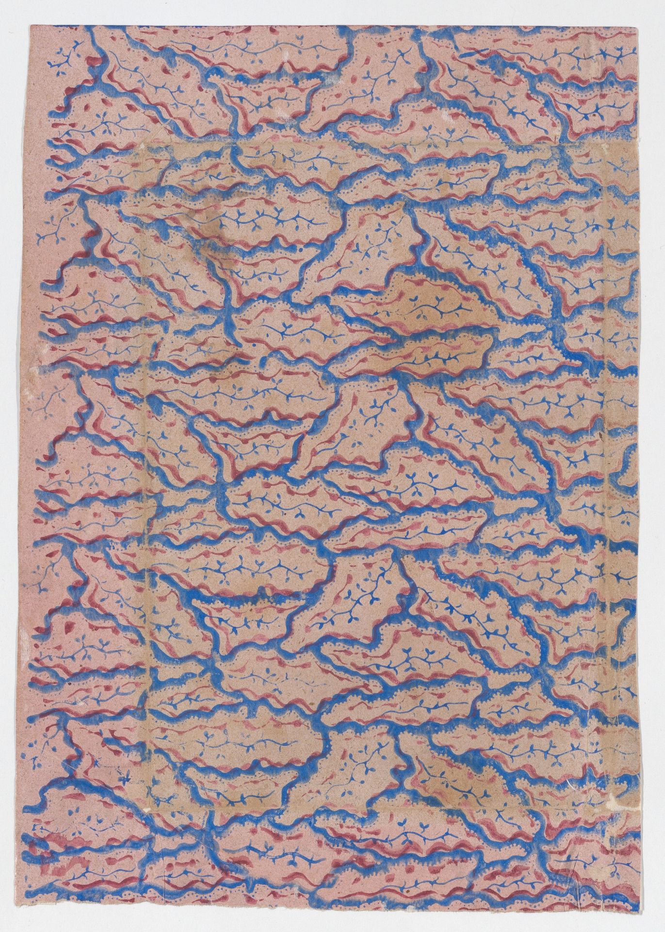 Pink sheet with overall blue abstract pattern by Anonymous