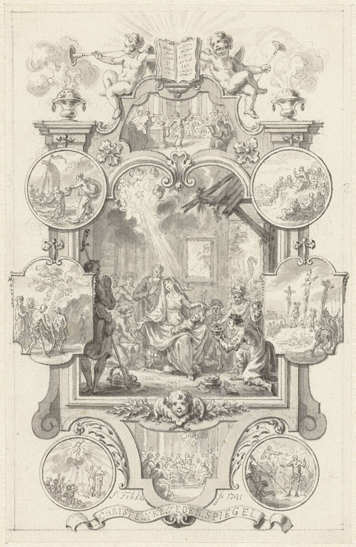 Ontwerp voor titelblad: Christelyke Zeden Spiegel by Simon Fokke