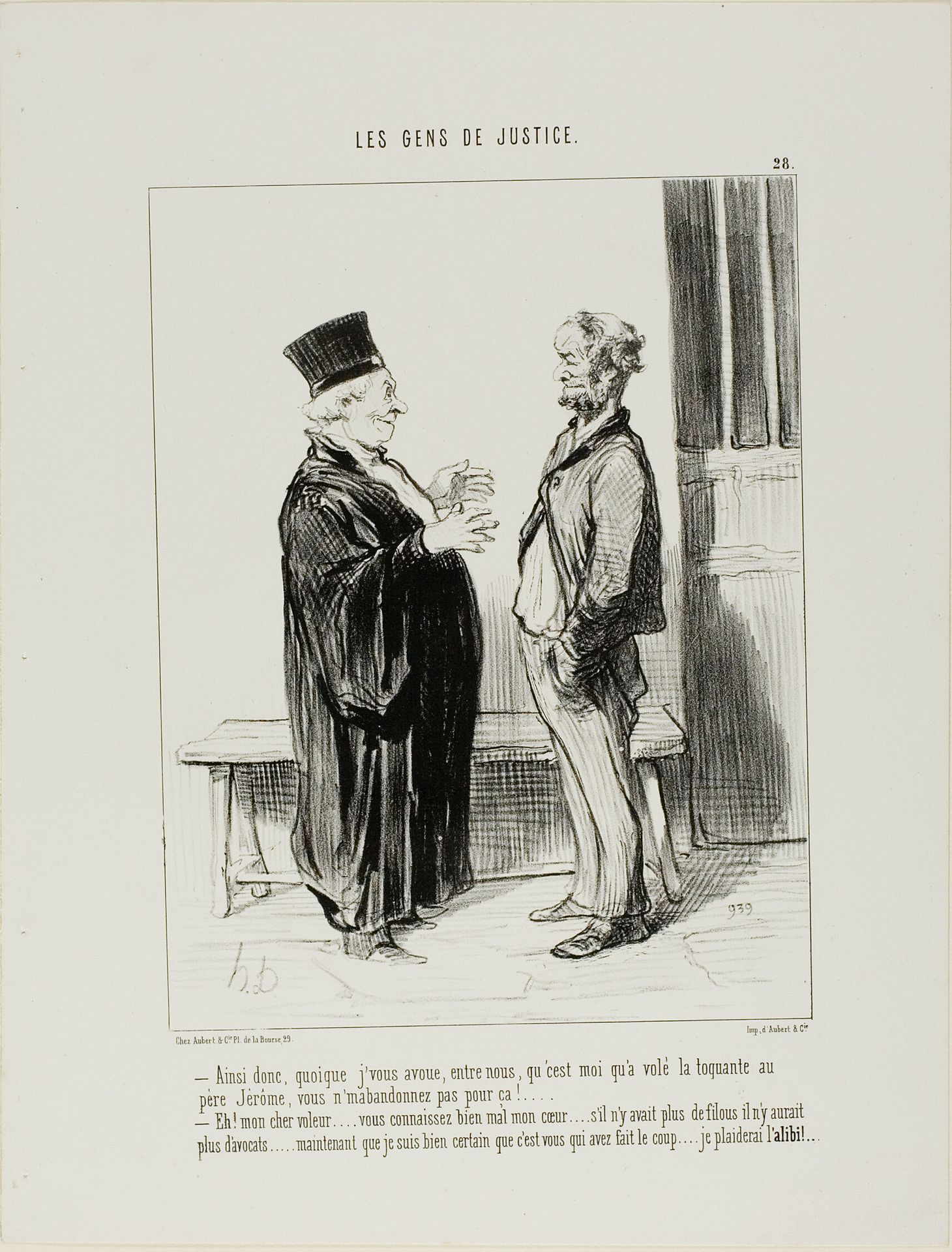 “- So even if I admit, between us, that I stole Father Jerome's watch, you won't drop my case? - My dear thief, you really don't understand my position... if there were no offenders there would hardly be any lawyers.... Now that I know you are guilty, I will work on your alibi...,” plate 28 from Les Gens De Justice by Honoré Daumier