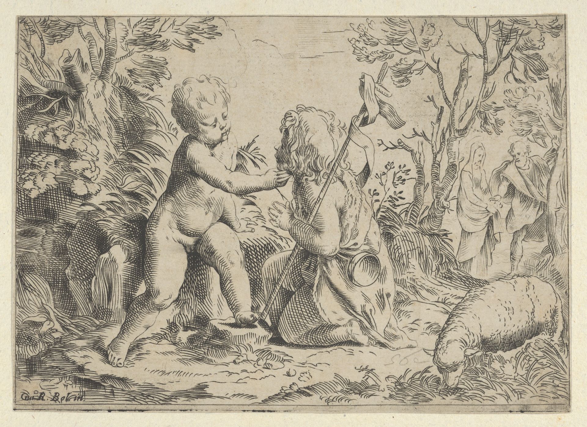 Young Saint John the Baptist kneeling before the infant Christ who caresses his face, the Virgin and Joseph in the background at right, after Reni by Anonymous
