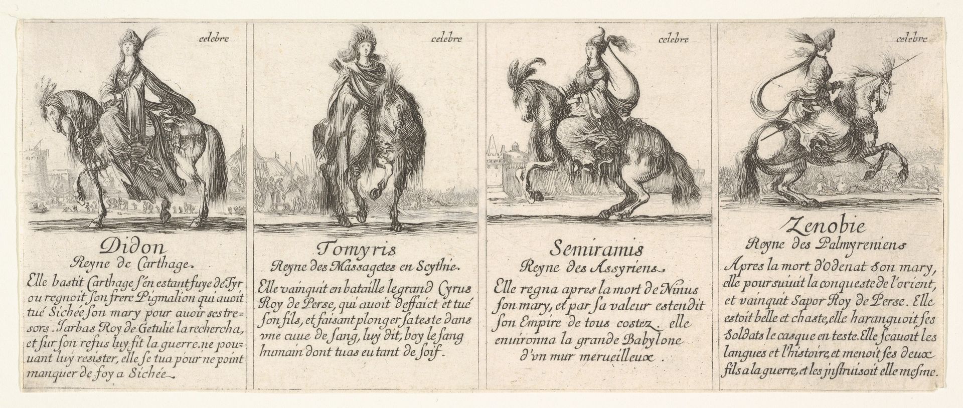 Didon, Tomyris, Semiramis, and Zenobie, from 'The game of queens' (Le jeu des Reines renommées) by Stefano della Bella