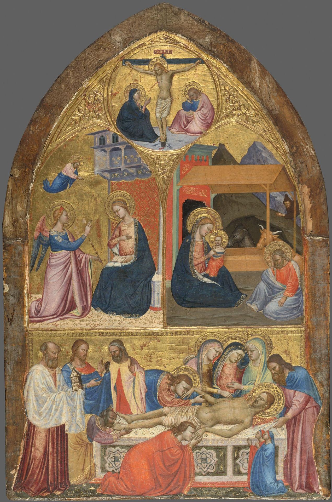 The Annunciation; The Nativity; The Lamentation over the Dead Christ; above: Christ on the Cross between the Virgin and Saint John the Evangelist by Anonymous