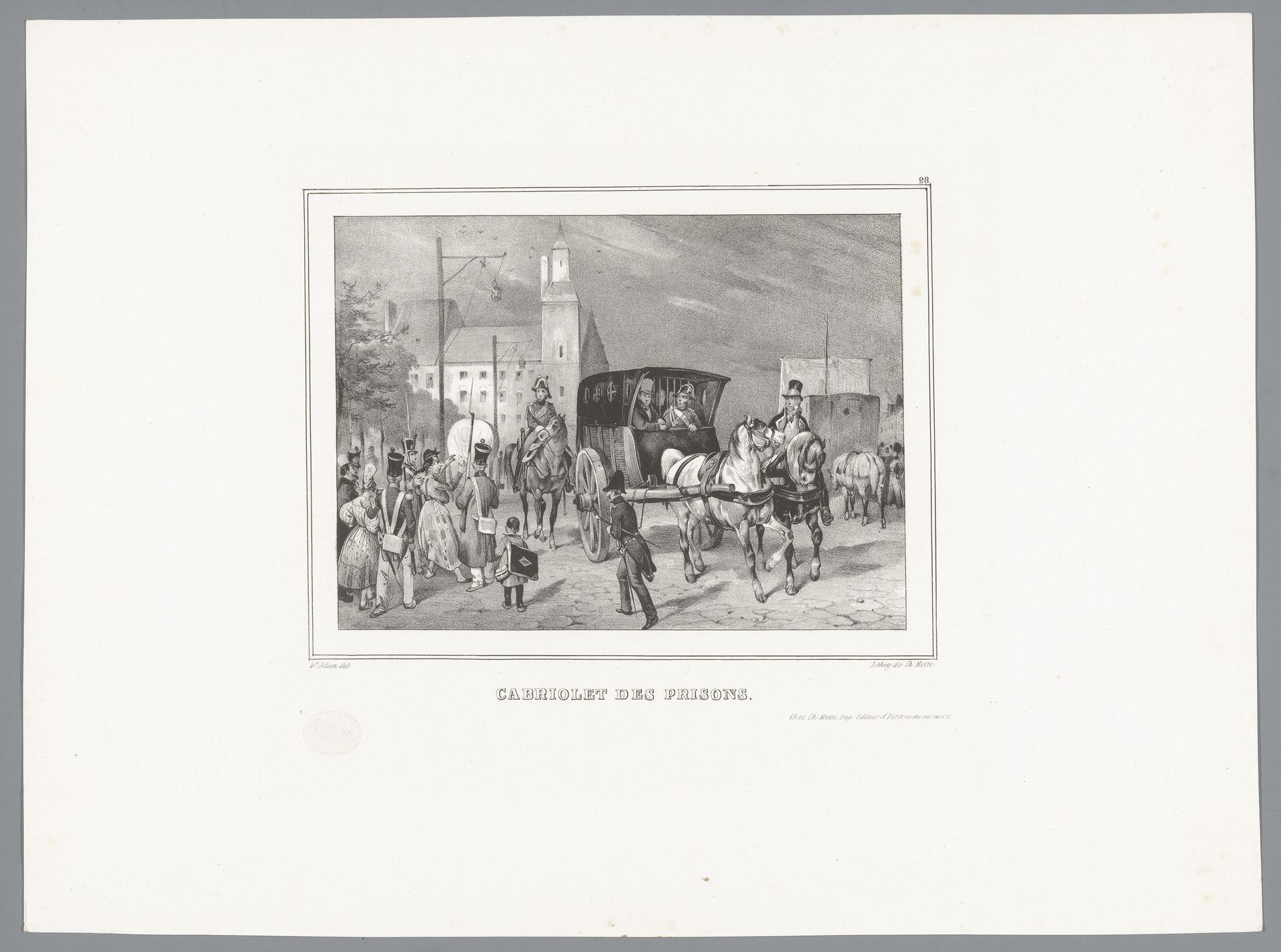 Gevangenwagen met toeschouwers op straat by Victor Adam
