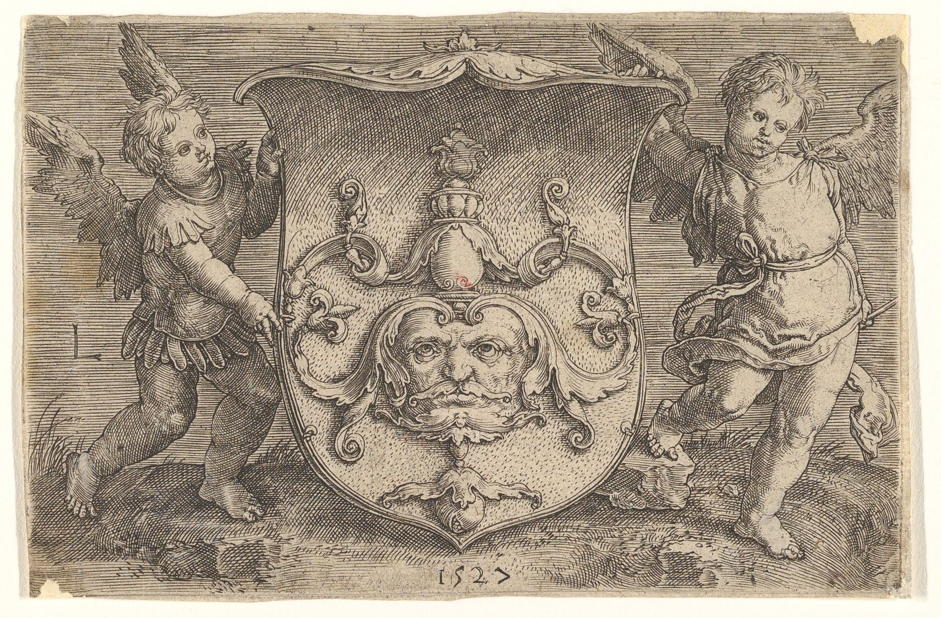 Coat of Arms with a Mask, Held by Two Genii by Lucas van Leyden
