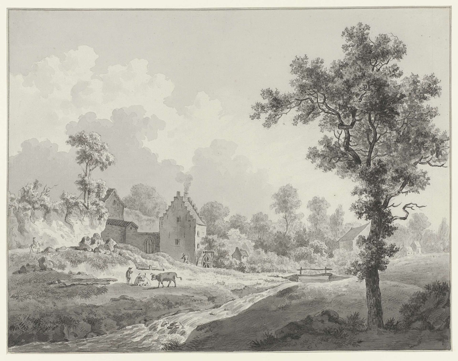 Landschap met een watermolen aan een beek by Henricus Josephus Antonissen