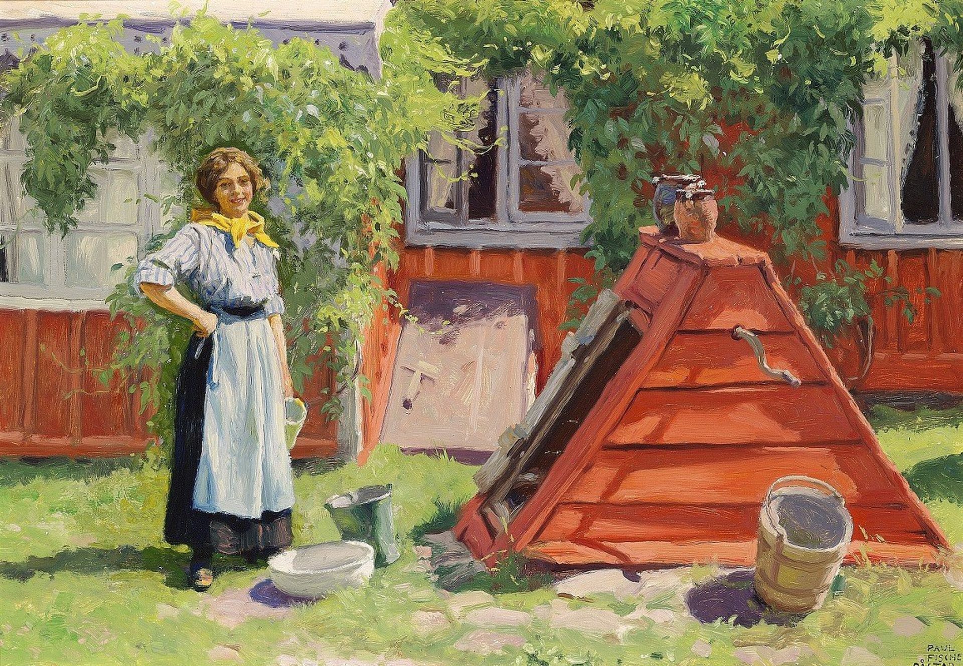 Pige ved en brønd ud for et rødmalet svensk træhus by Paul Fischer