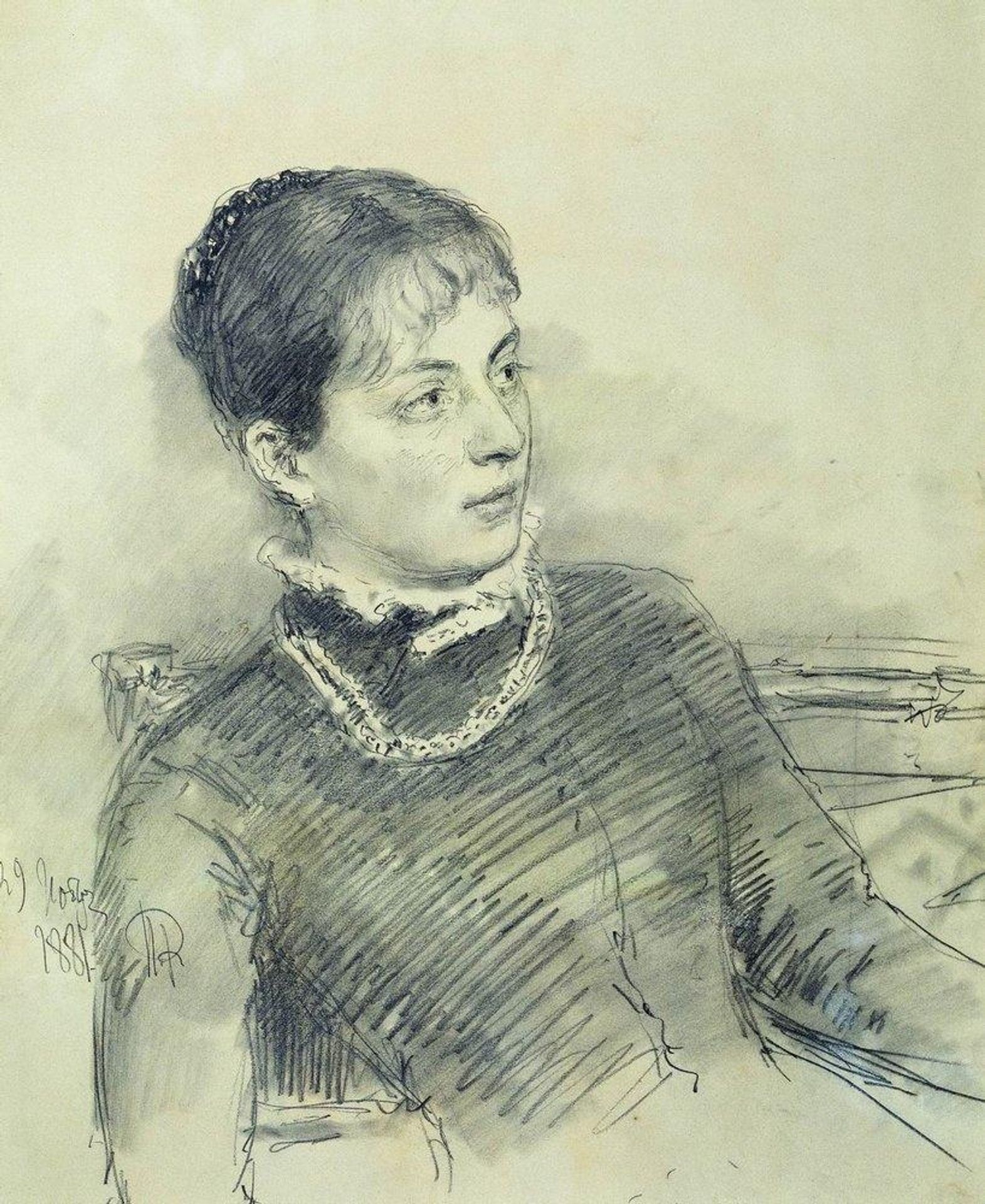 Portrait of a young wife, sitting on the couch by Ilya Repin